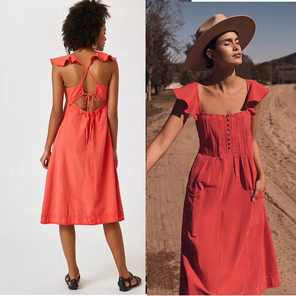 Anthropologie Pilcro Flutter Sleeve Midi Dress SIZE L new with tag red